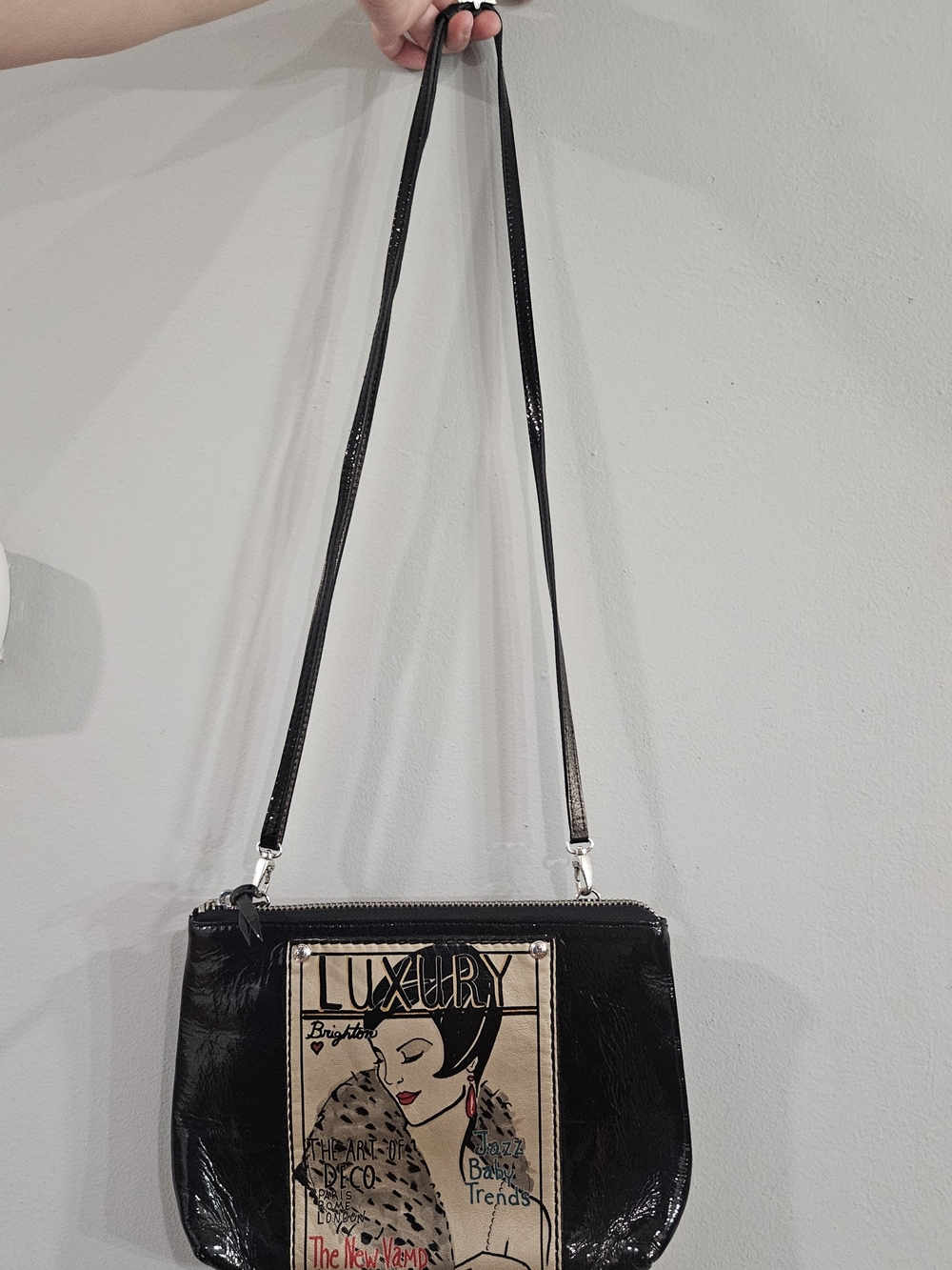 Brighton Black Patent Crossbody Bag with Vintage Art Panel